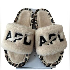APL Women's Shearling Slide in the "Parchment/Black/Leopard". SZ 8. NIB